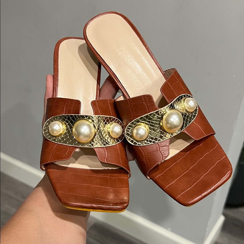 Saira pearl texture asymmetrical heels, Brown Slide Sandals, Gold Accents